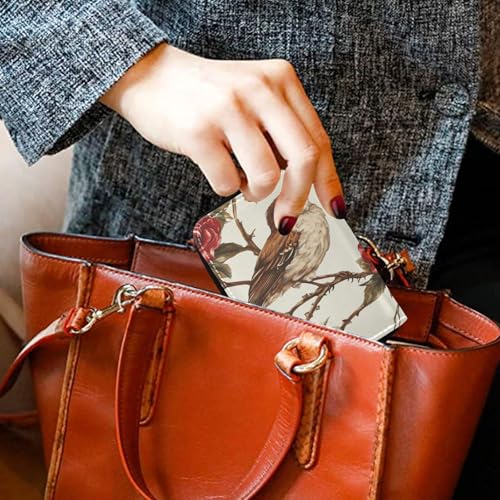 Small RFID Credit Card Holder Wallet with Zipper, Leather Wallet Case for Women Birds Red Roses4