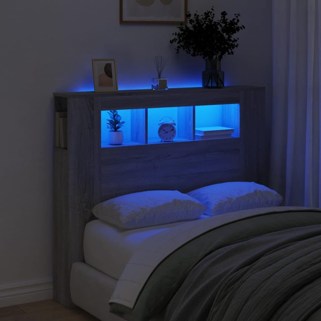 Cabecero de cama con luz LED, cabecero tapizado, cabecero de cama para cama, marco de cama, cama individual, doble, dormitorio, gris, Sonoma, 120 x 18,5 x 103,5 cm, material de madera