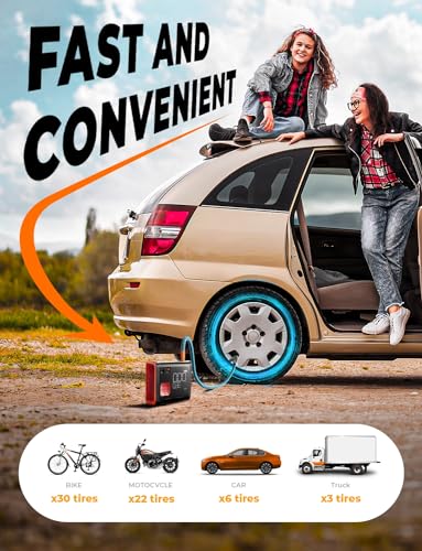 LISEN Tire Inflator Portable Air Compressor - 4 in 1 Tire Inflator 150 PSI 12V DC Portable Tire Inflator for Car, Portable Air Compressor for Car Tires 25,000mAh Battery Fit for Truck/SUV/Car/Bike
