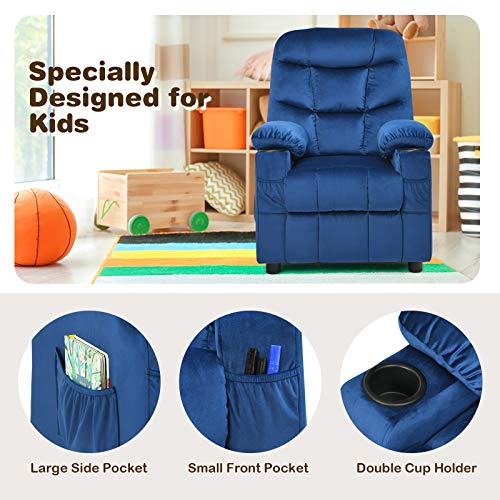 Image of Kids Recliner, Velvet Fabric Kids Recliner Chair w / 2 Cup Holders