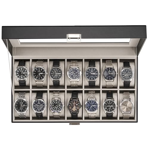 ProCase Uhrenbox, Uhrenaufbewahrung Uhrenkasten mit Glasdeckel, Uhrenkasten Uhrenkoffer mit Uhrenkissen, Watch Box für Herren - 14 Fächer, Schwarz