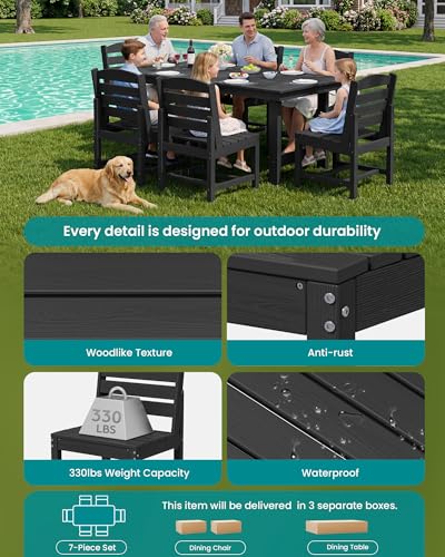 Image of SERWALL 7-Pc HDPE Patio Dining Set, 1 Table & 6 Armless Chairs, Black | HDPE Outdoor Dining Set with Rectangular Table & 6 Armless Chairs, All-Weather Resistant SERWALL Dining Set for 6