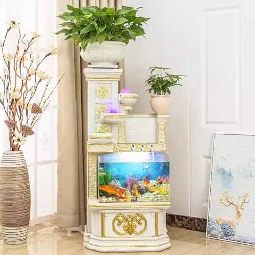 MegLob Acuario Lujoso con Piso, Acuario De Columna Romana De Marfil Retro 34L, 9 Galones Europeo 3 En 1 Tanque De Pescado Microecológico, con Agua Corriente Y Niebla