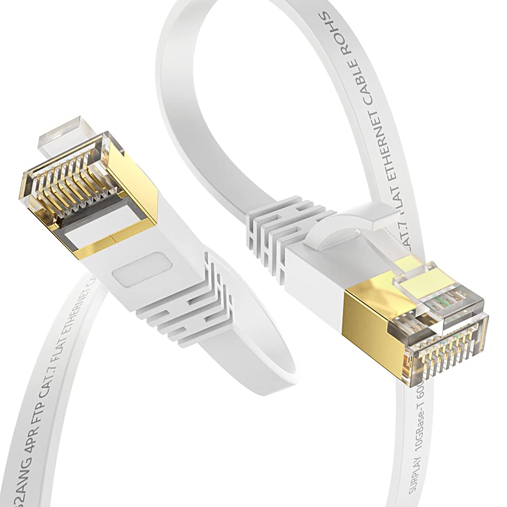 Lot de 5 câbles Ethernet Cat7 de 4,5 m, blanc, 10 Gbit/s, câble de raccordement plat blindé et de terre blindé ultra fin plaqué or avec attache de câble pour routeur, NAS, PC, CAT6A