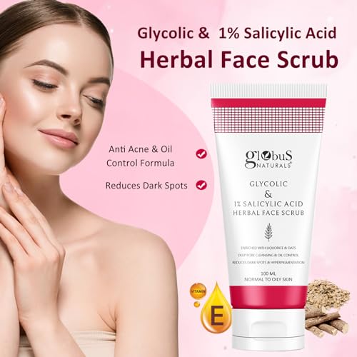 Image of Globus Naturals Glycolic & 1% Salicylic Acid Herbal Anti Acne Face Scrub, Enriched with Liquorice & Oats, Deep Pore Cleansing & Oil Control, Reduces Dark spots & Hyperpigmentation, 100 gm