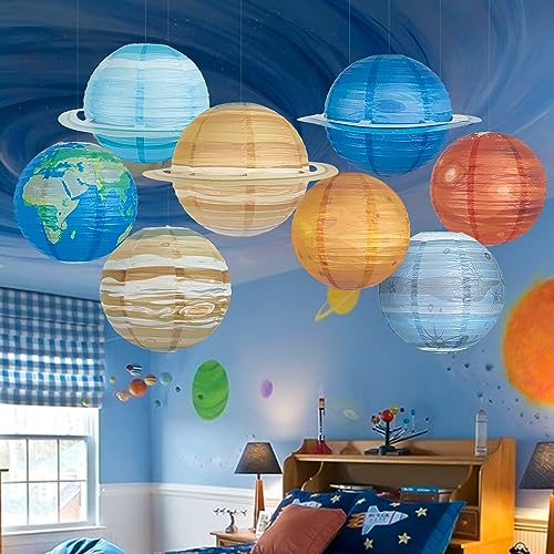 Image of 8 PCS Planet Paper Lanterns Outer Space Party Decorations Solar System Planets Hanging Lantern for Kids Space Theme Party Birthday Room Classroom Decorations