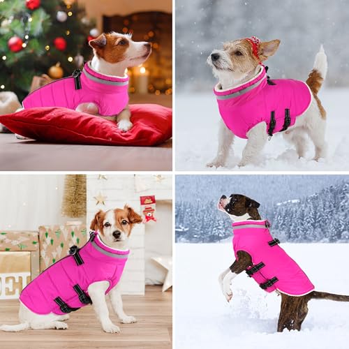 Image of Dogcheer Dog Winter Coat, Waterproof Dog Jacket with Harness - Pink,XL | Reflective Adjustable Puppy Warm Snow Coat with Zipper, Christmas Pet Fleece Cold Weather Coats for Small Medium Large Dog