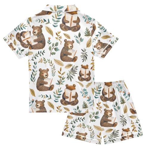 ALAZA Brown Bear Leaf Book Pajamas Satin Pajama Set Short Sleeve Button Down Sleepwear2