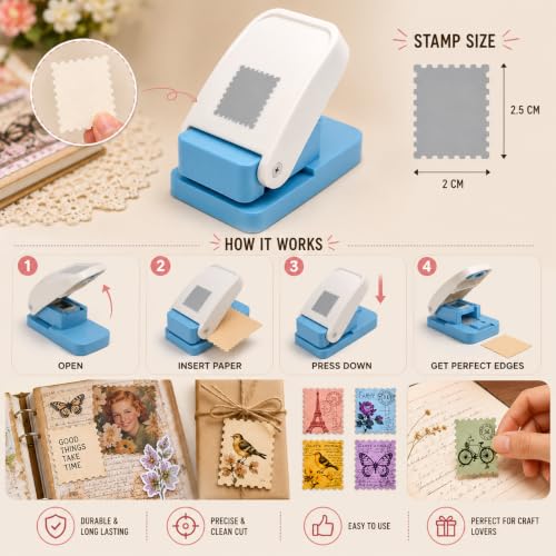 Image of 2.5x2 Cm Big Stamp Punch for Arts Crafts Scrapbooking DIY Projects (Free Scrap Sheets) | Postage Stamp Shape Paper Cutter for Journaling, Gift Tags, Photo Decoration, Card Making Supplies (White)
