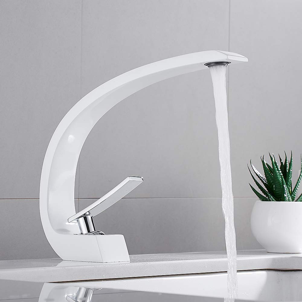 Robinet Évier Vasque Monotrou Élégant Mitigeur Lavabo Cascade Arciforme en Laiton pour Salle de Bain Baignoire (blanc)
