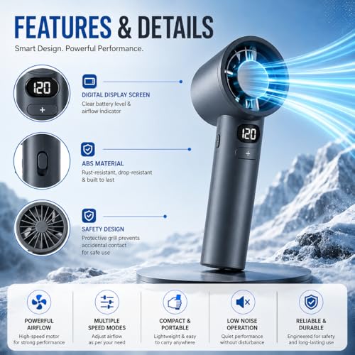 Image of Portable Handheld Fan with Infinite Variable Speed Control | 120 Speed Settings | LED Digital Display | Type-C Fast Charging | High-Speed Turbo Motor | Ultra Low-Noise Personal Cooling Fan