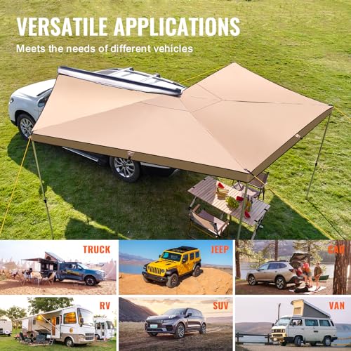 VEVOR Vehicle Awning 270 Degree 8.2' Roof Rack Pull-Out Retractable Sun Shade Height Adjustable, PU3000mm UV50+ Weatherproof Car Side Awning for SUV Camping (Hardware Included), Waterproof Storage Bag