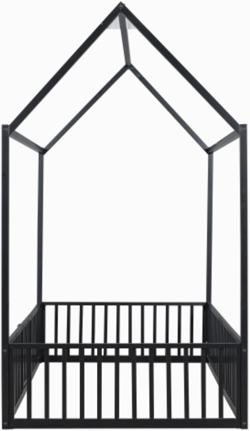 Full Size House Shaped Bed Frame with Roof, Fence, and Door for Children in Black Metal