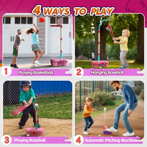 Kids Basketball Hoop with T-Ball Set Automatic Pitching Machine, Adjustable Toddler Basketball Hoop Indoor Outdoor Kids Toys Christmas Birthday Gift for Toddlers Boys and Girls - Image 3