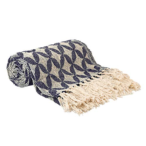 Throw Blanket - Throw Blanket for Couch - Farmhouse Throw Blanket with Fringe - Navy Blue Cream Color Throw Blanket - Bed Throw Blanket - Throw Blanket for Sofa Chair Bed Sofa - Home Living Room Decor