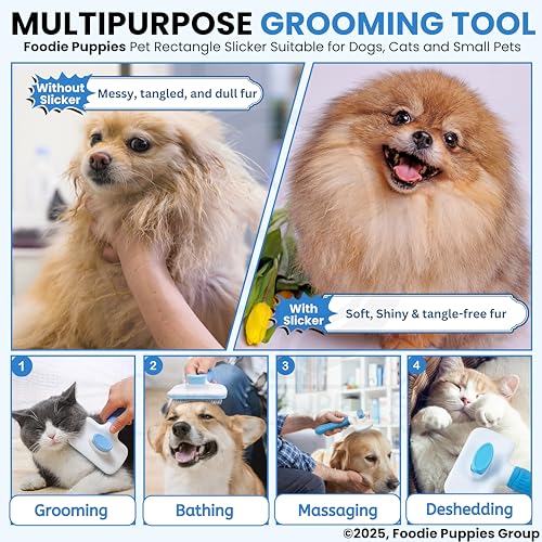 Image of Foodie Puppies Grooming & Cleaning Thin Slicker Brush for Dogs & Cats | Self Clean Brush for Shedding | Gently Removes Loose Undercoat, Mats and Tangled (Rectangular, Medium) (Color May Vary)