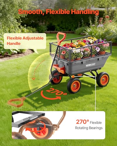 Image of VEVOR 800LBS 7 CU.FT Poly Garden Cart Dump Wagon, Heavy Duty 4 Wheel Wheelbarrow with 10 inch Flat Free Tires, Yard Cart Dump Wagon with Removable Raised Sides and Quick-Release System