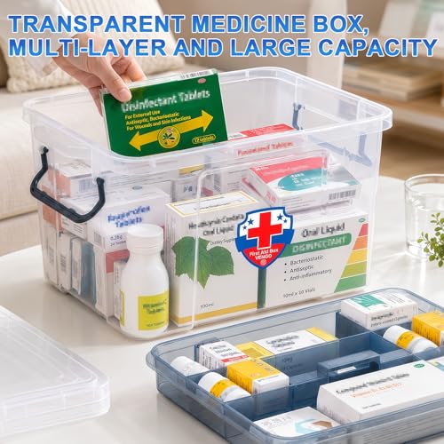 Image of 2 Pack Clear Medicine Organizer Box with Handle, Plastic Medicine Container with Tray First Aid Box Empty, Thickened Medicine Storage Organizer Multipurpose Medication Organizer Storage, Blue