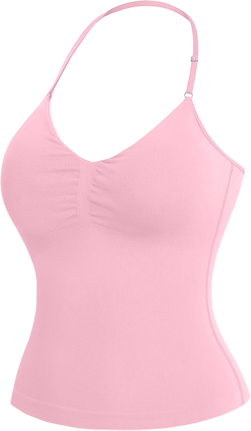 Womens Halter Tank Tops Longline Strappy Top with Built-in Bra V Neck Backless Gym Workout Camis with Adjustable Strap