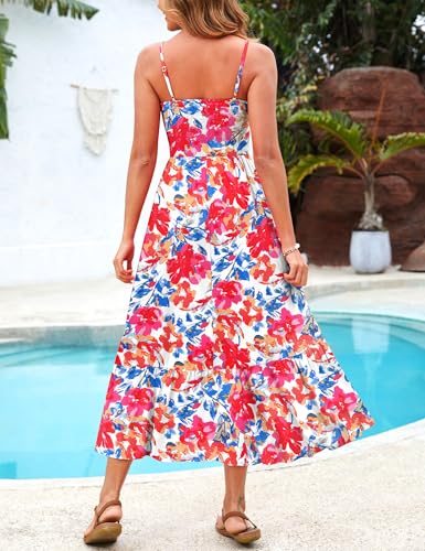Image of Kranda Women 2026 Summer Sundress High Waist Tie Front Spaghetti Strap Long Beach Floral Tiered Maxi Dress with Pockets