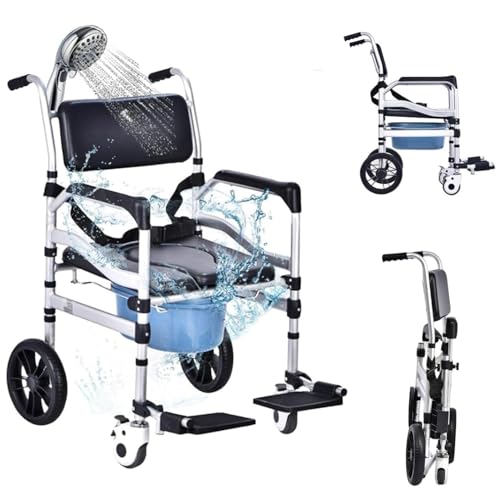 Silla de inodoro ajustable en altura con ruedas, taburete de ducha móvil plegable para ancianos y discapacitados, asiento ergonómico