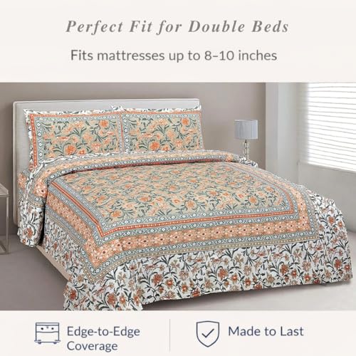 Image of ElanorHomes Cotton Double King Size Bedsheet | Hand Printed | Ultra-Soft & Skin-Safe | Breathable Summer Comfort | 90x108 inches with 2 Pillow Covers (Garden)