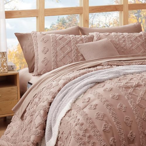 Image of Twin XL Comforter Set- 5 Pieces Tufted Bed in a Bag Twin Bedding Sets | All Season Shabby Chic Boho Bedding with Comforter, Sheets & Pillowcases, Rusty Pink