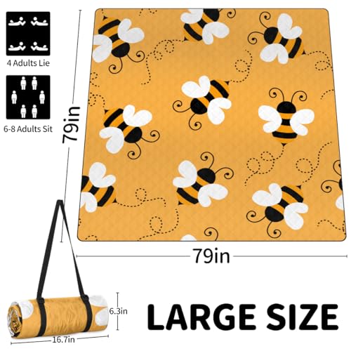 Shimoshe Extra Large Picnic Blankets 79”x 79”, Cute Cartoon Bee Waterproof Foldable Picnic Mat with Straps Portable Beach Blanket for Camping Park Grass Beach Indoor