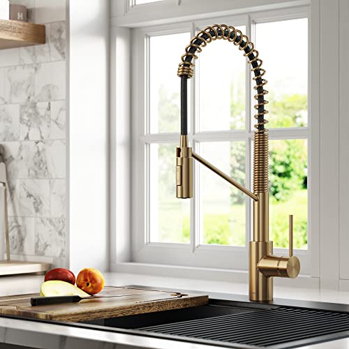Kraus Oletto Commercial Style Pull-Down Single Handle Kitchen Faucet With Quickdock Top Mount Installation Assembly In Brushed Brass, Kpf-2631Bb #TOP1