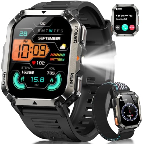 IOWODO Reloj Inteligente Hombre, 2.01' Militar Smartwatch con Llamadas Bluetooth, 20 Días Batería, Linterna LED, Brújula,123 Modos Deporte, 24h Pulsómetro/SpO2/Sueño, IP68, 2 Correas (iOS/Android)