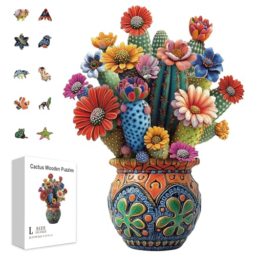 GLOBLELAND 200 Pièces Puzzle en Bois de Fleurs de Cactus pour Adultes de Fleurs de Plantes en Bois de Formes Uniques Puzzles Colorées pour Cadeaux...