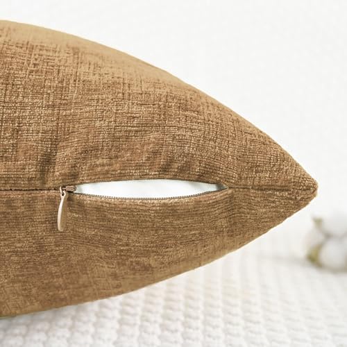 Image of CaliTime Throw Pillow Covers Decorative 16 X 26 Inches Pack of 2 Cozy Chenille Cushion Cases for Couch Sofa Bed Living Room Home Apricot Brown