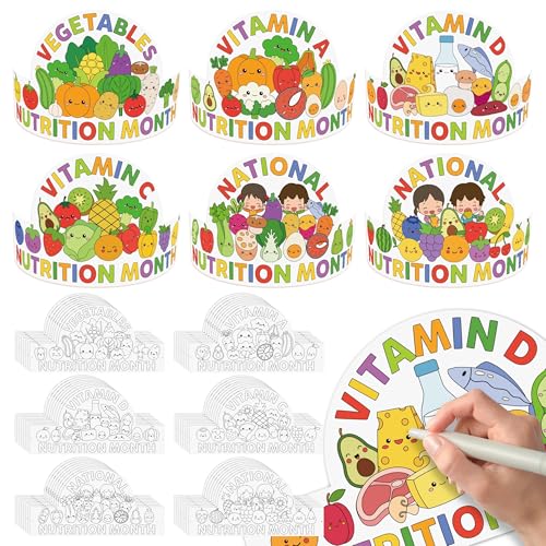 BkeeCten National Nutrition Month Crowns - 48 Set Premium Cardstock Coloring Crowns with Adjustable Elastic Bands Healthy Fruits Veggies Theme for DIY Color Your Own Crown Crafts Educational Events