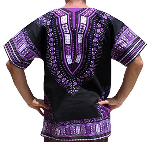RaanPahMuang Brand Unisex Bright African Black Dashiki Cotton Shirt, Medium, Violet/Black - Thumbnail 2