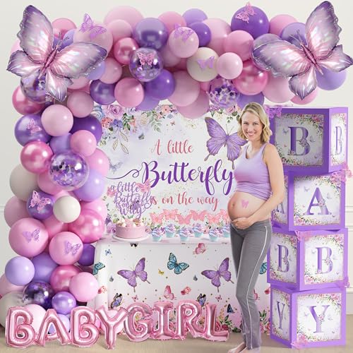 Image of TREWAVE Butterfly Baby Shower Decorations for Girls A Little Butterfly Is On The Way Party Backdrop Cake Toppers Stickers Pink Purple Balloons Boxes for Girl Birthday Baby Shower Decor