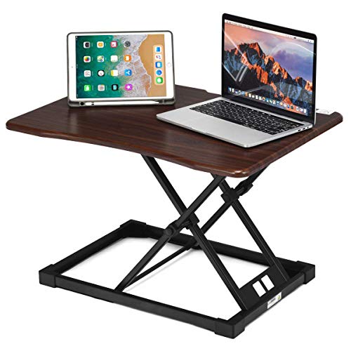 COSTWAY Height Adjustable Standing Desk, Single/Dual Tiered Sit Stand Converter Lifting Table, Ergonomic Home Office Study Riser Workstation for Monitor Computer (65 x 47 x 5.5-40.5cm, Brown)
