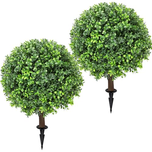 Artificial Boxwood Topiary Ball Tree 24' with Ground Spike, Set of 2 Artificial Boxwood Bushes for...