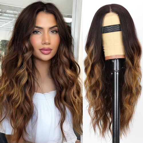 AISI HAIR Long Wavy Brown with Blonde Highlight Lace Hairline Wigs for Women, Middle Part Synthetic Heat Resistant Wig for Daily Party-26 Inch
