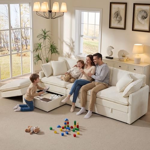 Image of Ihanherry 103 inch Modular Sectional Sofa with Storage, L Shaped Cloud Couch with Movable Ottomans & 4 Pillows, Chenille Deep Seat Sectional Couches for Living Room, Apartment (Beige)