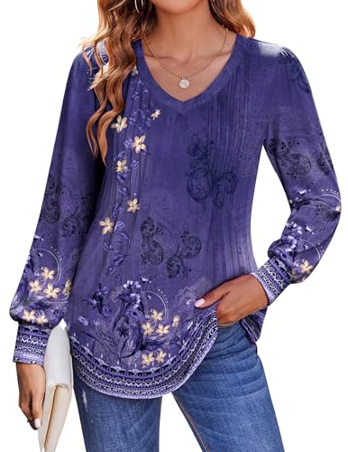 Zeagoo Women's Puff Long Sleeve Shirts Pleated V Neck Fall Tunic