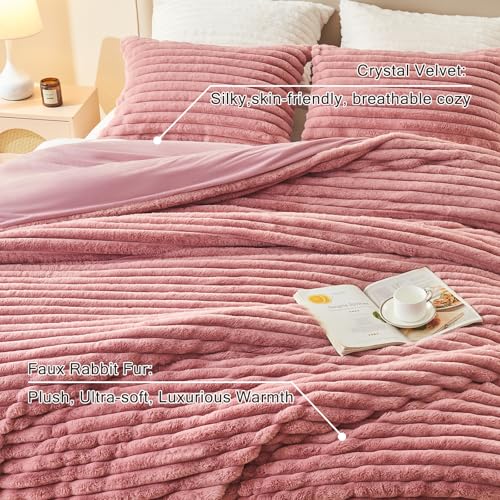 Image of EMME Faux Fur Duvet Cover King Size, 3 Pieces Ultra Soft Fluffy Comforter Cover, Cozy Warm for Winter, Luxury Elegant Shaggy Striped Design Bedding, 1 Duvet Cover & 2 Pillow Shams (King, Old Pink)