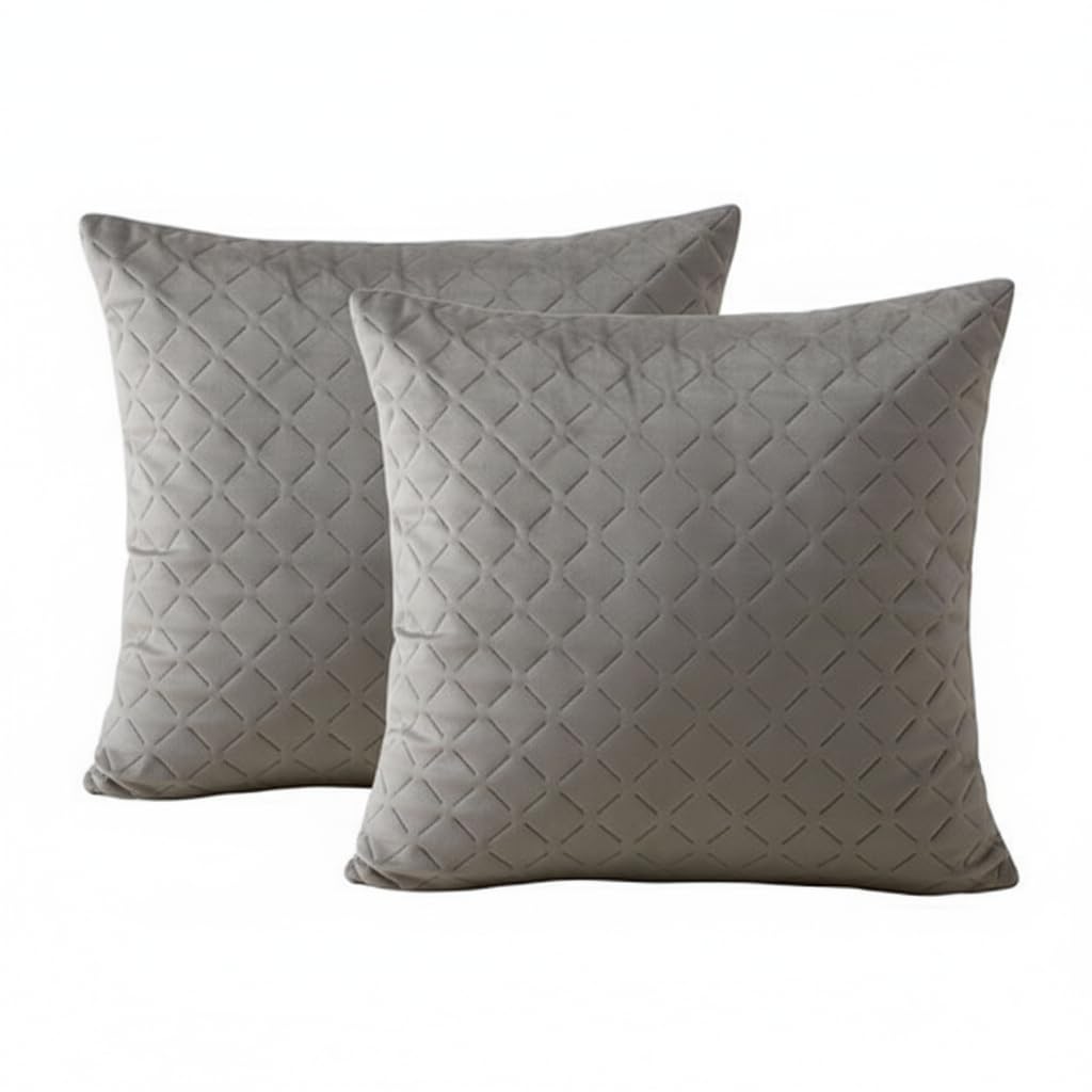 Makooz Grey Quilted Velvet Cushion Covers 18X18 Inch Pack Of 2 - Invisible Zipper Soft Decorative Square Throw Pillow Covers - Home Decor Luxury Pillowcase For Sofa Couch Livingroom Bedroom - 45X45cm