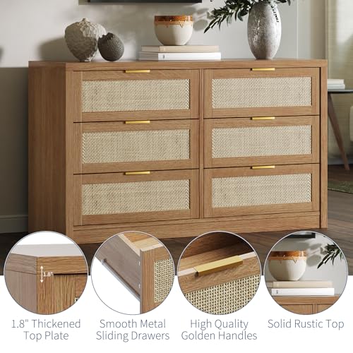 6 Drawer Dresser for Bedroom, 52.7" Wide Rattan Dresser, Wooden with Gold Handles, Farmhouse Tv Stand Entryway Table, Modern Chest of Drawers for Living Room, Entryway
