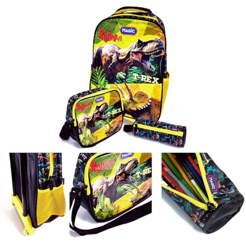 Kit Mochila Infantil Escolar de Rodinha - T-Rex, Preto e Amarelo com Lancheira Térmica e Estojo