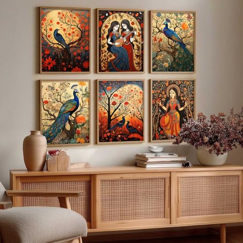 Image of kotart Premium Digital Madhubani Art Paintings with Frame for Home Decor - Framed Painting for Living Room Bedroom Office Room Decor - Painting for Wall Decoration - Pack of 6 (10X13 inch)