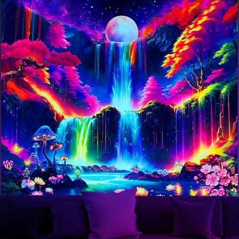 Avinyl Blacklight Posters Mountain Tapestry for Bedroom Aesthetic, Black Light Space Moon Waterfall Tapestries, UV Reactive Nature Forest Tapestry for Living Room Dorm 60in x 79in Cover