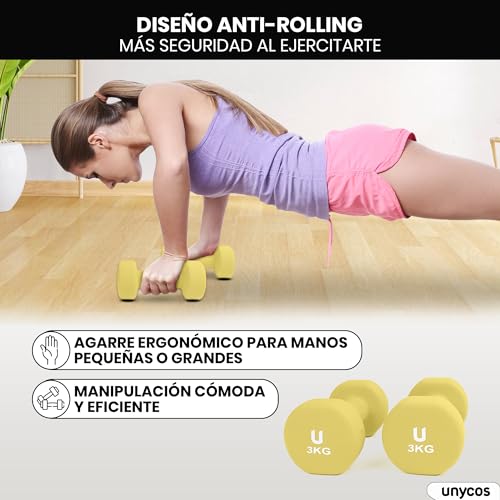 unycos - Par de Mancuernas Antideslizantes de Neopreno, Pesas【3 kg】Ergonómicas con Diseño Redondo y Anti-Rodadura, Resistentes, Ideales para Entrenamiento de Fuerza y Gimnasio en Casa (Amarillo) - imagen 4