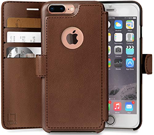 LUPA Wallet case for iPhone 7 Plus, Durable and Slim, Lightweight with Classic Design & Ultra-Strong Magnetic Closure, Faux Leather, Light Brown, Apple 7 Plus
