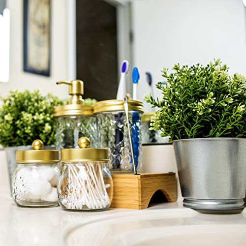 eatelle Mason Glass Bathroom Accessories Set Gold 4 Pieces, Soap/Lotion Dispenser, Qtip/Swabs, Cotton Balls, Toothbrushes Holder - Modern Decor Apothecary Jars Countertop, Vanity Organizer - Thumbnail 2