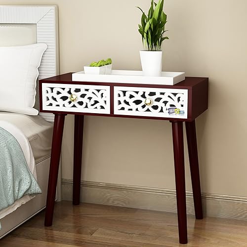 Image of Bed Side Engineered Wood Table With 2-Drawer Nightstand, Accent Or End Table With Storage With Carving Design (White)